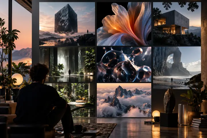Modernes Portfolio eines Kreativstudios mit einem visuellen Projektraster und ausdrucksstarker künstlerischer Gestaltung