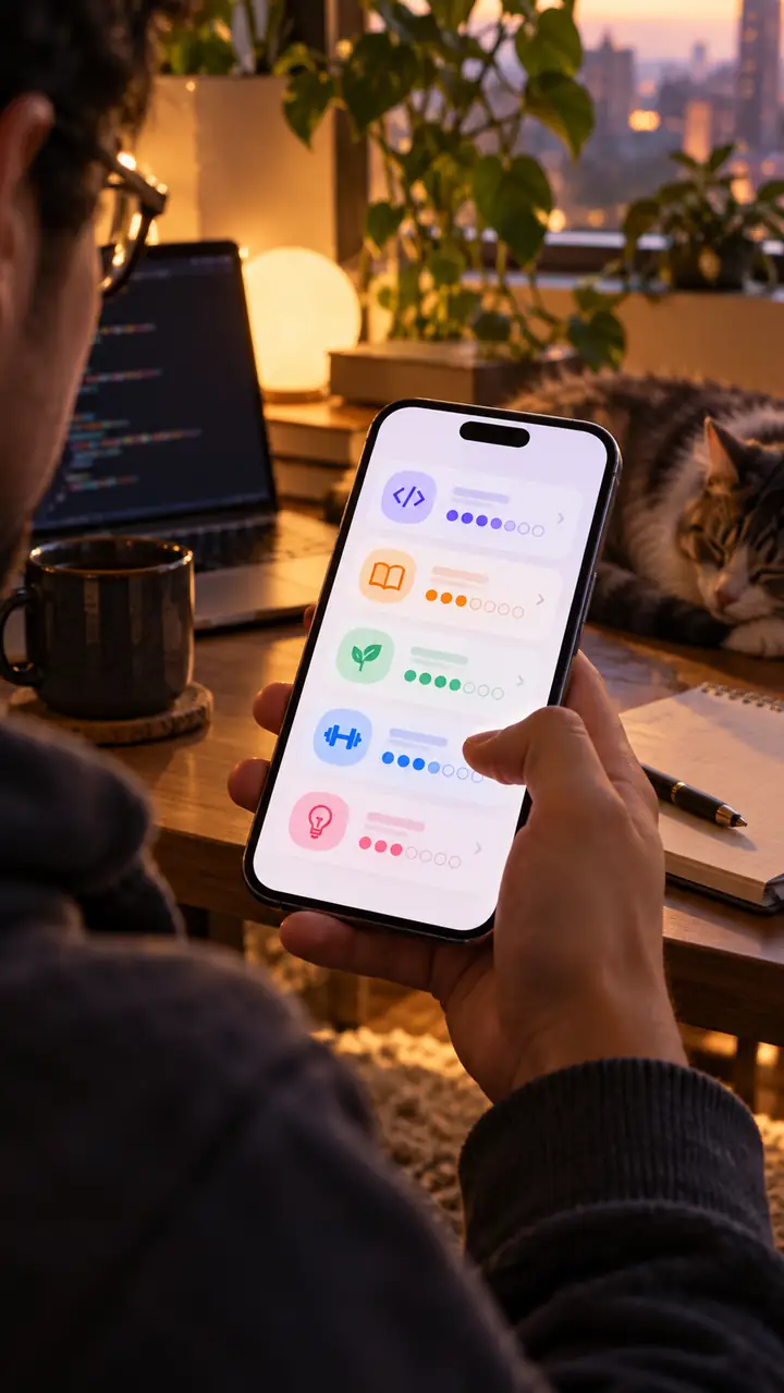 Freundliche mobile Oberfläche für einen Gewohnheitstracker mit abgerundeten Karten und sanften Fortschrittsanzeigen