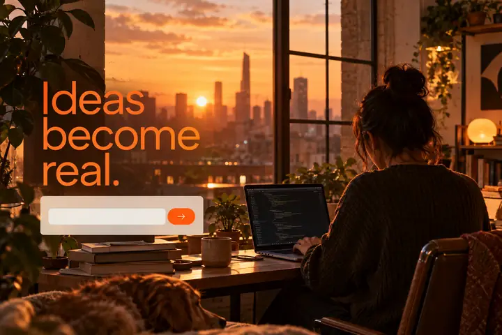 Warme redaktionelle Produktlaunch-Komposition mit orangefarbener Typografie und einem einfachen Anmeldebereich