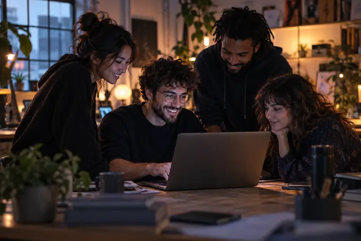 Kleines Kreativteam, das sich in einem sanft beleuchteten Studio um einen Laptop versammelt