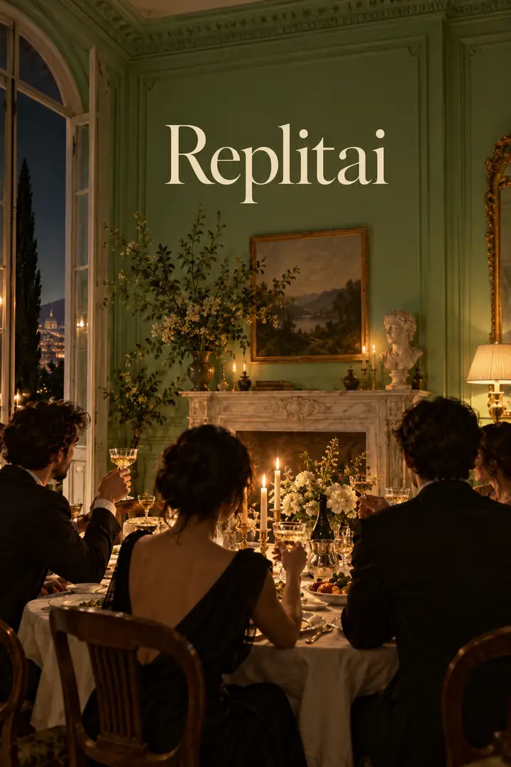 Vintage-Poster für eine Dinnerparty mit einer hellgrünen Raumillustration und eleganter Serifentypografie