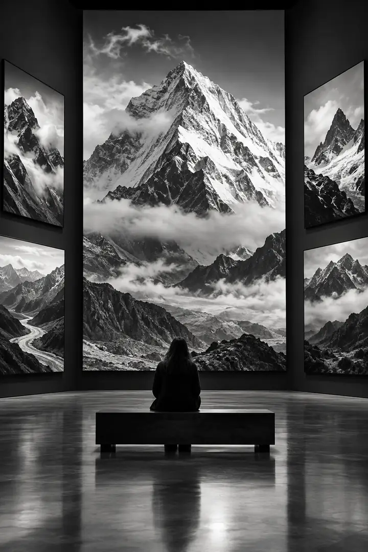 Schwarz-weißes Galerieposter für eine Ausstellung über eine stille Erde mit Bergfotografie