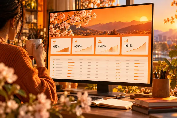 Leuchtend oranges Frühlingskampagnen-Dashboard mit Prozentkarten und einer strukturierten Datentabelle